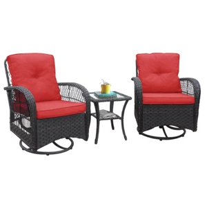 Set of 3 Swivel Rocking Chairs With Red Cushions Outdoor Patio Bistro Furniture - Picture 1 of 7