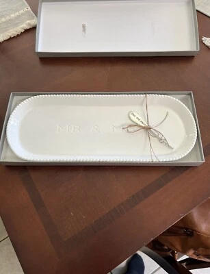 Mud Pie Mr & Mrs Plate & Cheese Knife Wedding Anniversary Serving Gift Set - Image 1 of 4
