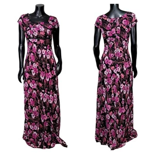 Vintage 90s Jody of CA Size S Pink Black Floral Empire Waist Flyaway Maxi Dress - Picture 1 of 10