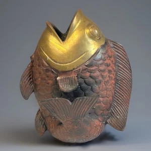 Vintage Solid Bronze Copper Koi Fish Vase Sculpture Asian Decor 6.5” - Picture 1 of 8