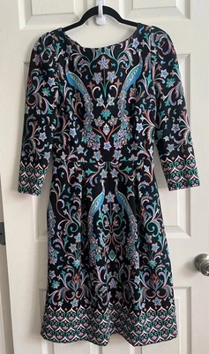 BODEN Women's Marie Blossom Pome Peacock Ponte Knit Fit N Flare Dress Sz 4L - Image 1 of 4