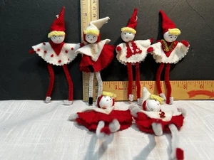 6 Vintage 50er Jahre gesponnene Baumwolle Chenille Weihnachtselfen Weihnachten Pfeifenputzer - Bild 1 von 12
