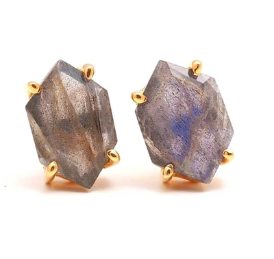 Natural Labradorite Hexagon Studs Earrings Gold Fill Sterling Silver Jewelry - Image 1 of 4