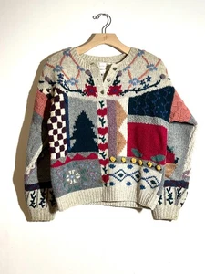 Maglione vintage Eagle's Eye Shetland lana lavorato a mano floreale patchwork S Cottagecore - Foto 1 di 9