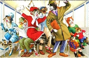 MAINZER Dressed Cats  #4733 CROWDED BUS~SUBWAY Anthropomorphic SPAIN Postcard - Picture 1 of 2