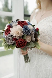 Burgundy Bridal Bouquet Sola Wood Dusty Blue Bridesmaid Gray Wedding Flowers - Picture 1 of 3
