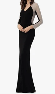 NWT XSCAPE Womens V-Neck Long Sleeve Embellished Gown Black Size 4 - Picture 1 of 2