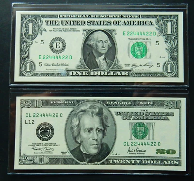 $1, $20 Series 2006, Fancy radar binary serial 22444422, 2 notes same serial UNC - Image 1 of 2