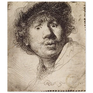Rembrandt van Rijn, Selbstbildnis mit Mütze, aufgerissenen Augen, offenem Mund - Bild 1 von 3