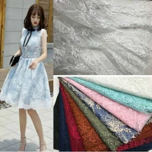 Floral Lace Tulle Mesh Fabric Embroidery Scalloped Bridal Dress Cloth 150*150CM - Picture 1 of 20