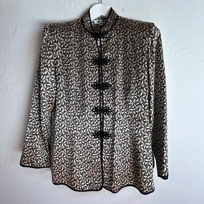 Vintage Womens Chinese Silk Brocade Jacket XL Frog Button Black/Cream Floral - Image 1 of 4