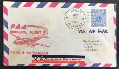 Manila Filipinas 1953 Saigón Vietnam PAA inaugural primer vuelo cubierta de caché Foto 1 de 4