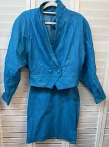 Vintage Ciel By Leather Fashions New York Blue Leather Skirt & Jacket Set - Picture 1 of 8