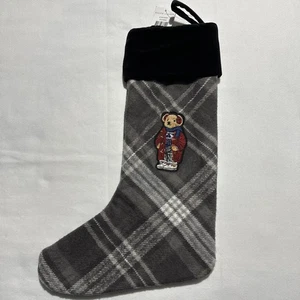 Ralph Lauren Polo Bear Plaid Christmas Stocking Authentic Gray New - Picture 1 of 7