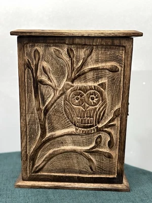 Hand Carved Wooden Owl Wall Hanging Cabinet Rustic Key Cupboard Boho Home Decor - Image 1 of 3