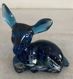 Fenton Blue Glass Deer Fawn Winter Forest Scene Signed - Picture 1 of 10