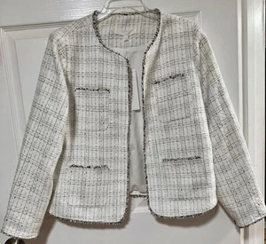Allyson Parker Jacket Womens Large White Black Tweed Plaid Open Front Pockets - Picture 1 of 8