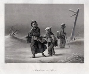 Bettelkinder im Schnee Originaler Stahlstich, gestochen von French um 1850 - Bild 1 von 1