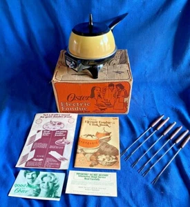 1976 Oster Harvest Gold 681-04 Electric Fondue Set Pot w/Forks Accss in Box MCM - Picture 1 of 11