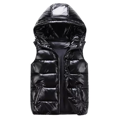 Adults/Kids Quilted Hooded Waistcoat Metallic Shiny Gilet Bubble Jacket Coat Top - Image 1 of 4