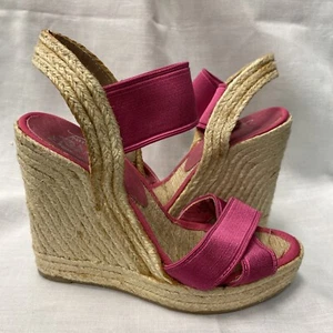 Vintage Womens Heels Shoes - Size 5-5.5 Hot Pink Elastic Wedge Espadrilles - Picture 1 of 6