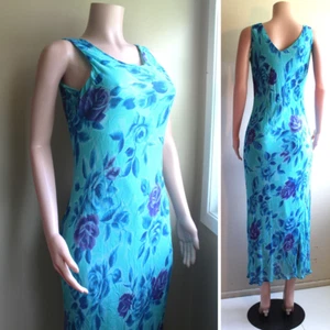 DJ Int'l Slip Dress L Bias Cut Sleeveless Rayon Crepe Floral Purple Blue Aqua - Picture 1 of 9