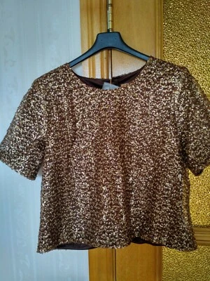 Bluse / Shirt / Top in Gr. S - M, Pailletten, Crop, braun / gold, Feier, NEU - Bild 1 von 4