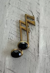 Vintage Messing Musik Note Brosche große Krappenfassung Glas schwarze Edelsteine - Bild 1 von 5