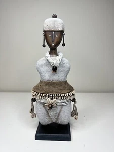 Namji african fertility doll hand carved wood w/ beads 13" X 4" white beads - Picture 1 of 12