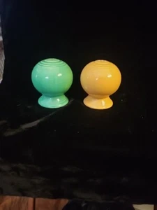 Fiestaware Round Ball Salt and Pepper Shakers Yellow and Light Teal Blue + Cork - Picture 1 of 2