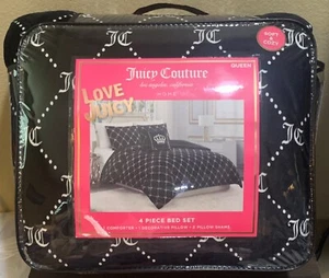 Juicy Couture Plush Black/White JC Monograms 4pc QUEEN Comforter Set Soft & Cozy - Picture 1 of 6