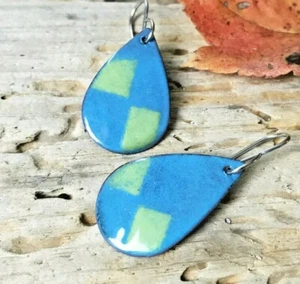 Blue Oval Earrings Enameled copper Blue Green Geometric Earrings Handmade USA - Picture 1 of 5