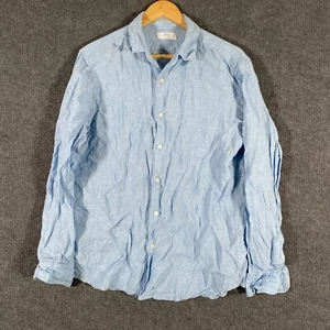 Uniqlo Shirt Mens Medium Blue Button Up Linen Coastal Collared Formal Office Z22 - Picture 1 of 10
