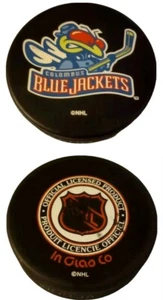 HOLE! COLOMBUS BLUE JACKETS MASCOT LOGO VINTAGE INGLASCO & VEGUM MFG. PUCK NHL - Picture 1 of 5