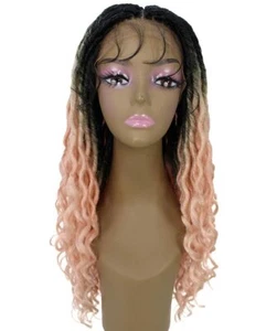 LUXLUXE Andrea 4x4 Curly Long Hand Tied Lace Braid Black to Light Pink Ombre Wig - Picture 1 of 7