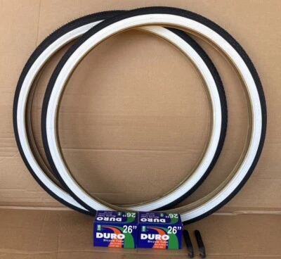 26" x 1.75 Bicycle White Wall Tires and Tubes Set DURO Brick Thread Comfort Bike