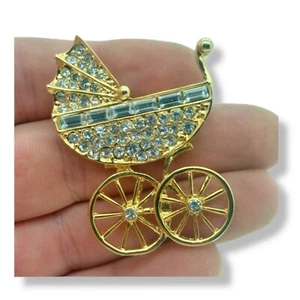 Vintage Statement Pave Encrusted Clear Crystal Rhinestone Baby Carriage Brooch - Picture 1 of 6