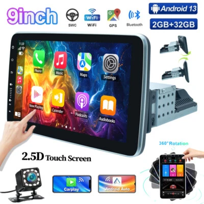 Single 1Din 9'' Andriod 13 Car Stereo Radio Carplay Bluetooth WIFI GPS Rotatable - Image 1 of 4