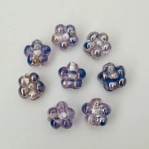 8 Pcs Pink Pressed Flower Shape Lamp Work Glass Beads With A Blue Stripe 11mm - Picture 1 of 2
