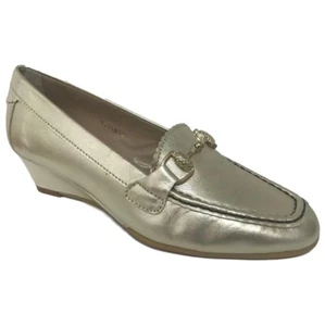 HB Shoes Ladies Leather Gold Buckle Slip On Formal Loafers Wedges Size 5 38 New - Picture 1 of 2