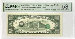 1977 A OVERPRINT ON BACK ERROR $10 FRN NEW YORK STAMP INK NOTE PMG CHOICE AU 58 - Picture 1 of 2