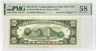 1977 A OVERPRINT ON BACK ERROR $10 FRN NEW YORK STAMP INK NOTE PMG CHOICE AU 58 - Image 1 of 2