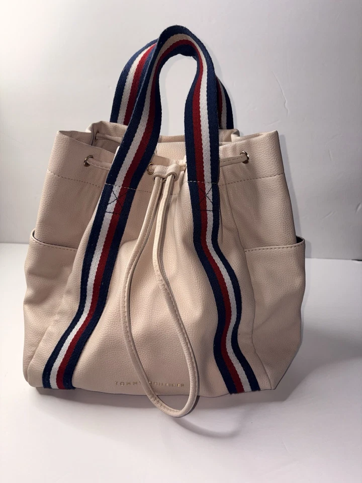Tommy Hilfiger Bucket Bag Logo TH Monogram Ivory Beige Drawstring Closure - Image 1 of 4