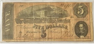 1864 $5 Confederate States Of America CSA Note Feb 1864 - Picture 1 of 2