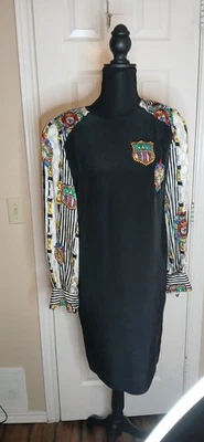 Vtg. Adrianna Papeli Silk Dress Sz 10 Black With Colorful Sleeves Black & White - Image 1 of 4