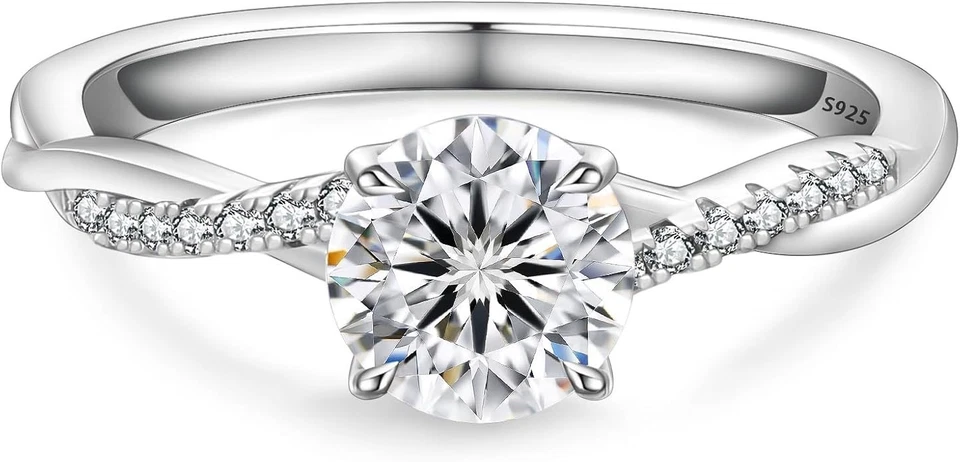 Anillo de compromiso de moissanita de plata 925 Twisted Vine chapado en oro blanco 1 quilate, talla 7 - Imagen 1 de 4