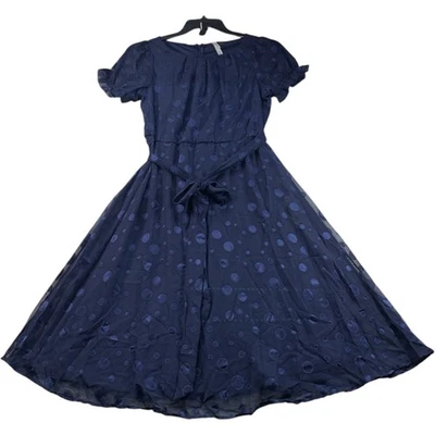 NY Collection Dress  Womens Size Large Petite PL Blue Short Sleeve New Belted - Image 1 of 4