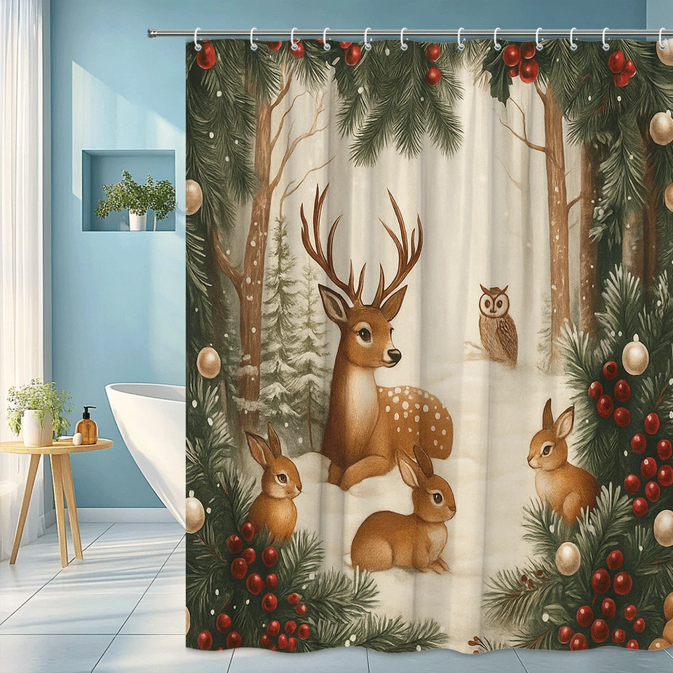 Занавеска для душа зимний праздник лес ягоды рождественский лес олень кролики сова - Изображение 1 из 4