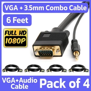 4 Pack 6FT VGA Cable + AUX SVGA 15Pin Video with 3.5mm Stereo Audio Monitor Cord - Picture 1 of 5