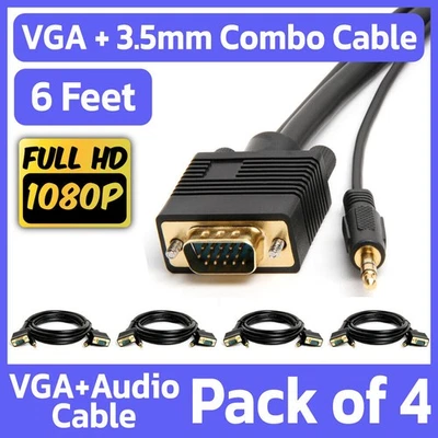 4 Pack 6FT VGA Cable + AUX SVGA 15Pin Video with 3.5mm Stereo Audio Monitor Cord - Image 1 of 4